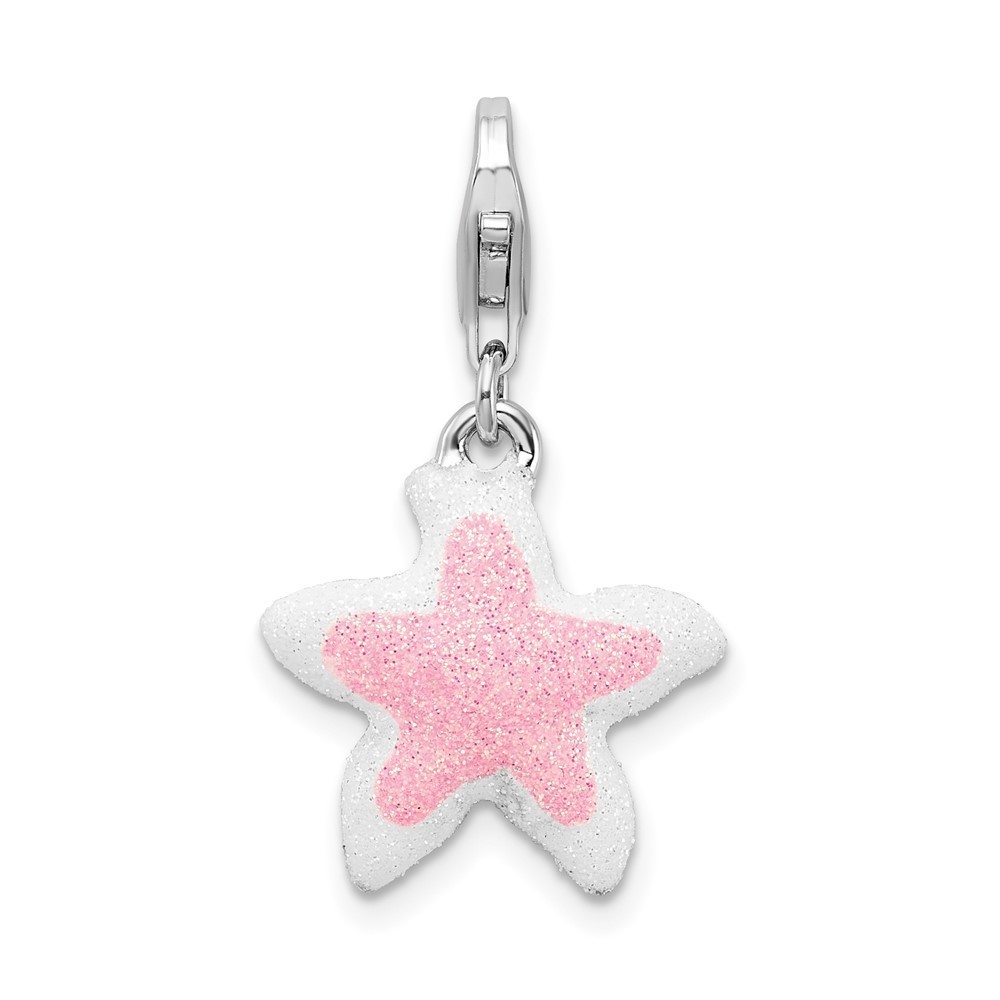 925 Sterling Silver Enameled Pink Sparkle Starfish Bracelet Charm Lobster Clasp
